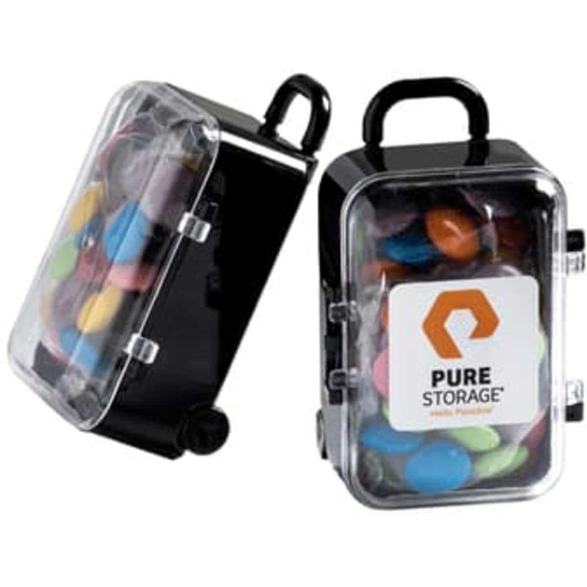 A carry-on case with a handle, featuring colourful choc beans inside and a logo on the front.