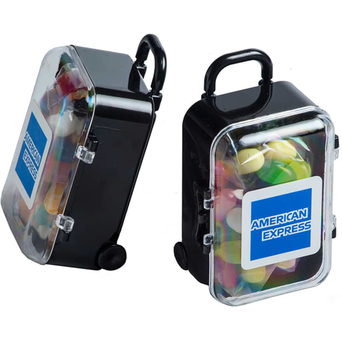 A black carry-on case filled with a variety of colourful JELLY BELLY jelly beans, featuring a handle and wheels.