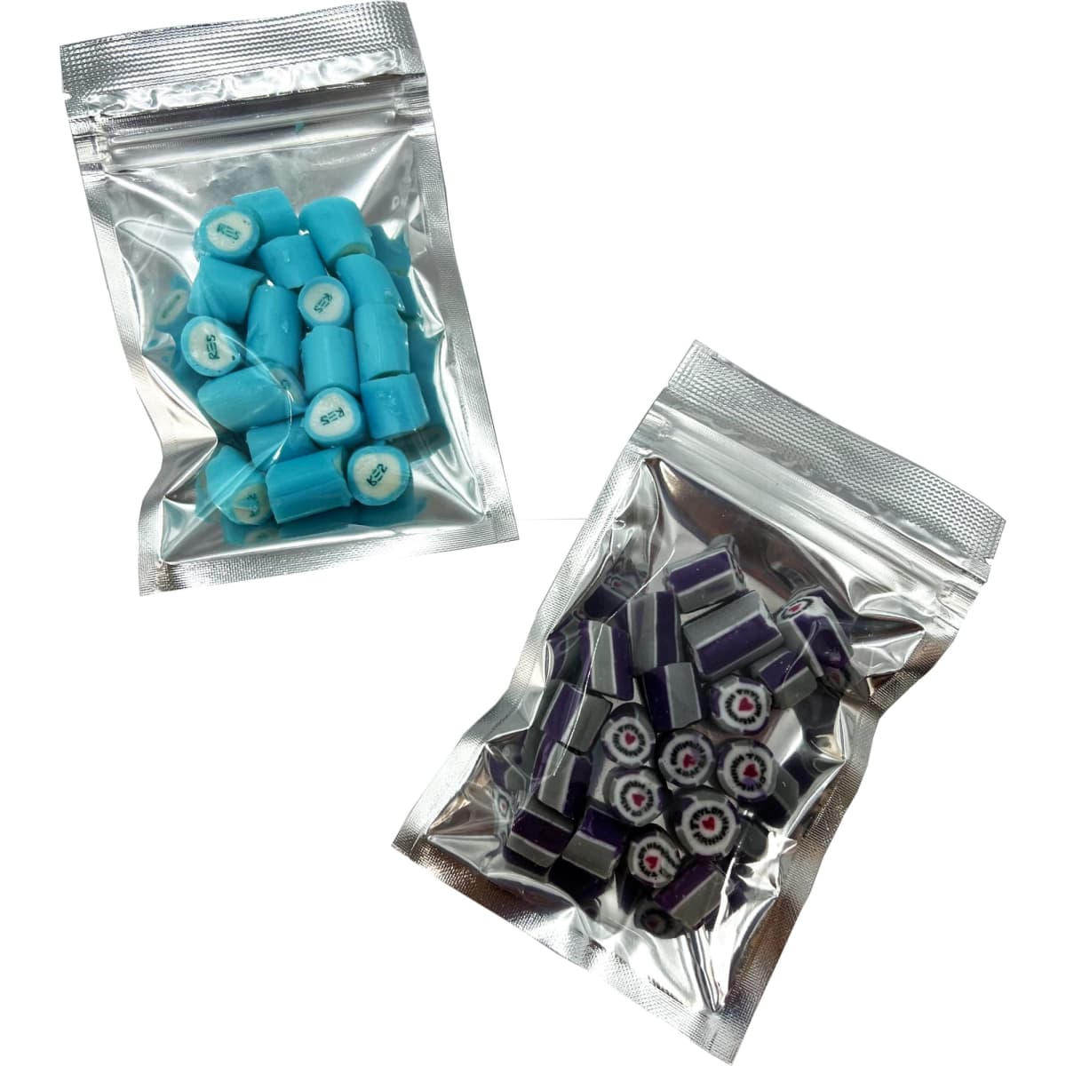 Silver zip lock bags containing blue and purple rock candy pieces. Each bag features a clear design and a branding logo.
