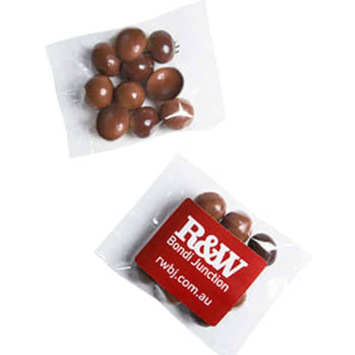 Chocolate coated coffee beans in a clear package, featuring brown and dark chocolate colours. Includes a branding logo.