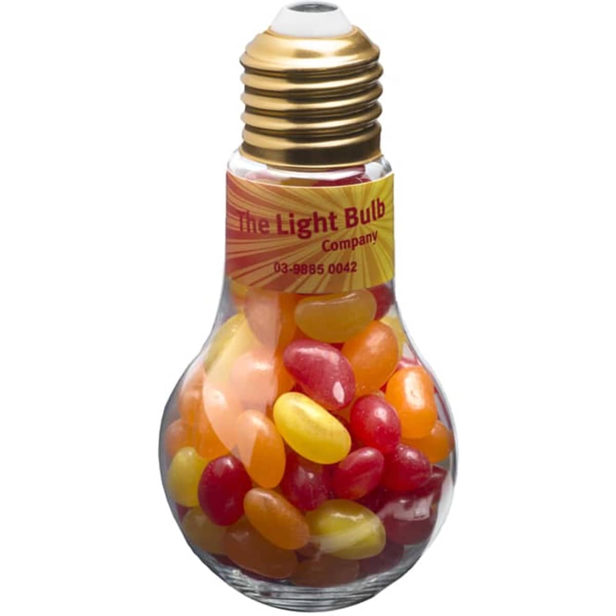 A light bulb-shaped container filled with colourful jelly beans in shades of red, orange, and yellow.