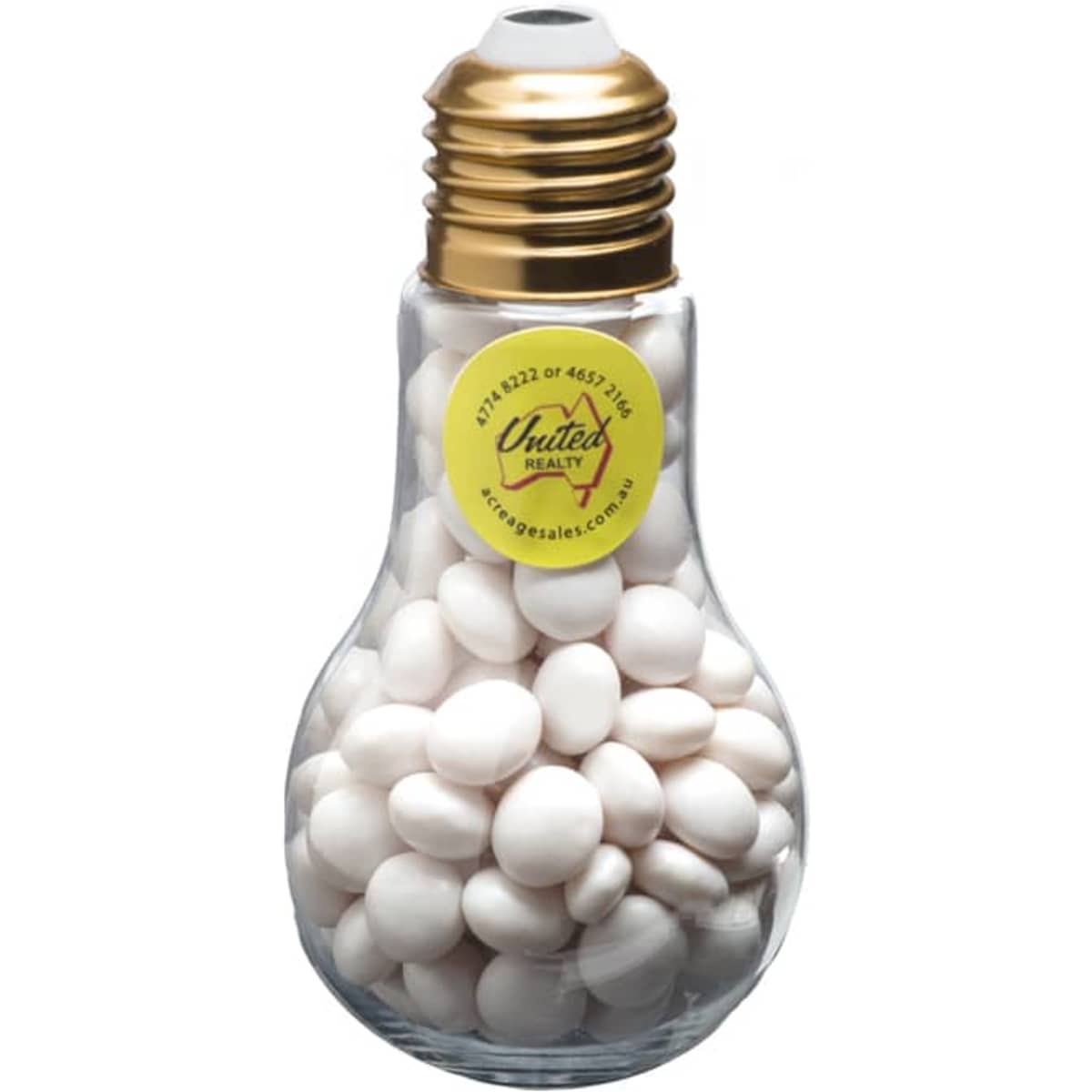 A light bulb-shaped container filled with white mints, featuring a gold top and a logo on the side.