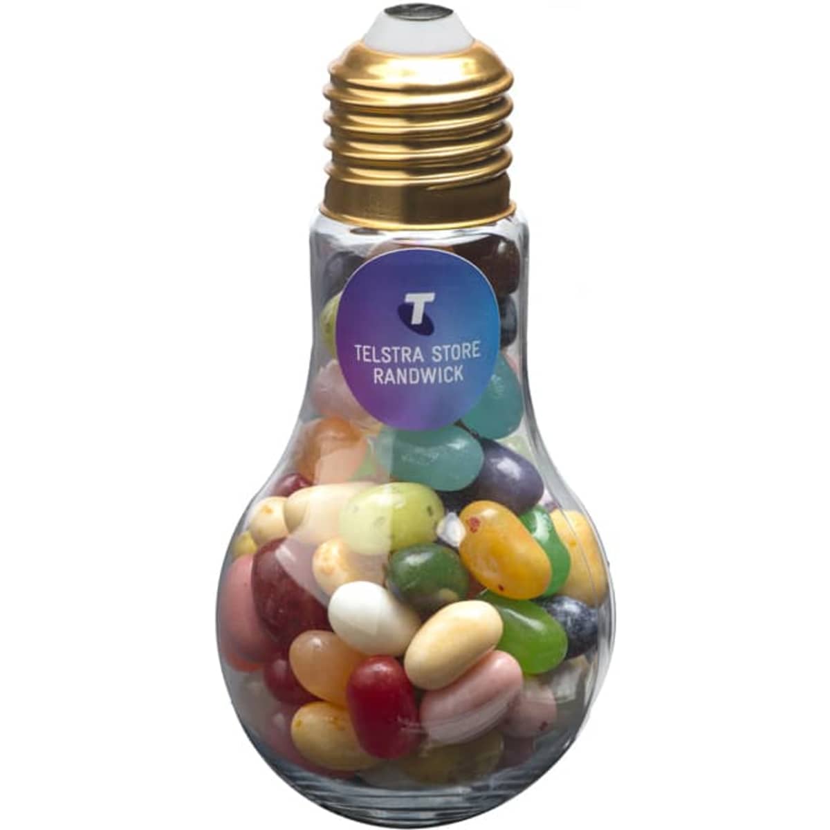 A glass light bulb filled with colourful jelly beans, featuring a golden cap and a logo.