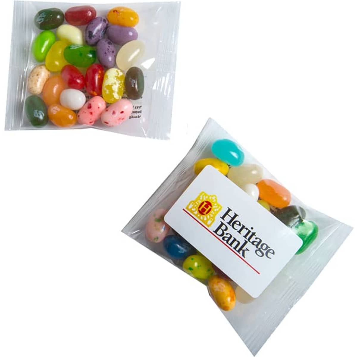 A clear bag containing colourful jelly beans in various shades. The bag features a logo.