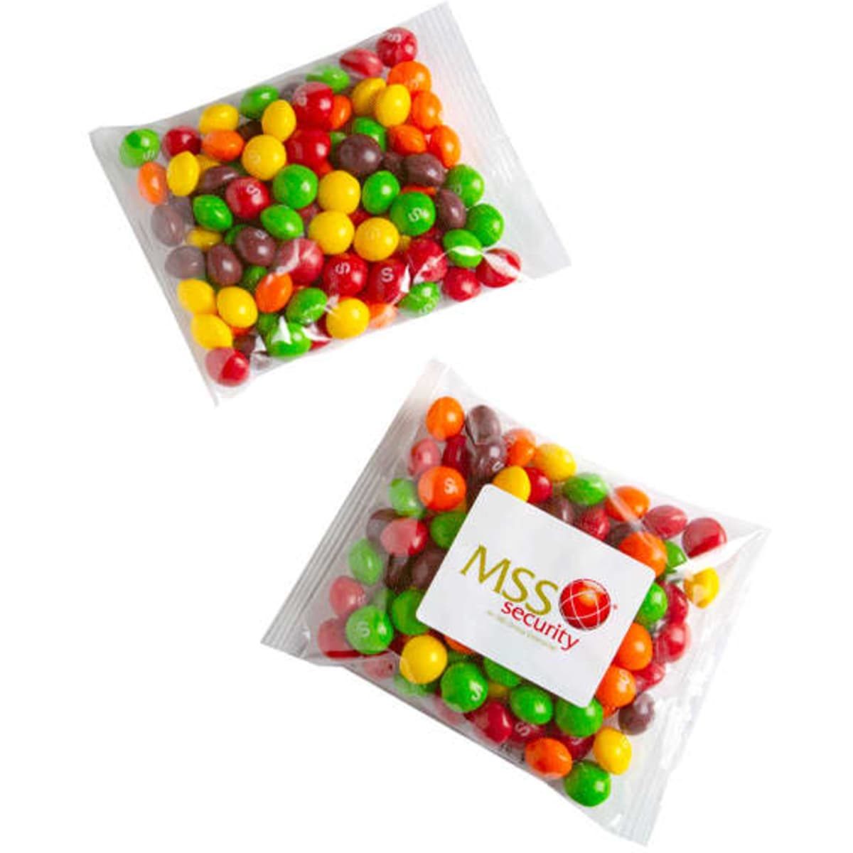 A bag of Skittles, featuring a mix of red, green, yellow, orange, and purple candies, with a logo on the packaging.