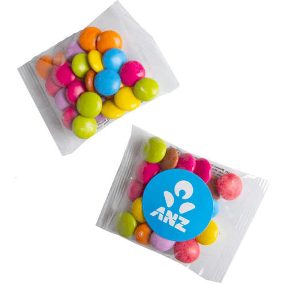 A packet of Smarties containing colourful candy in shades of pink, blue, yellow, orange, and green, with a logo.