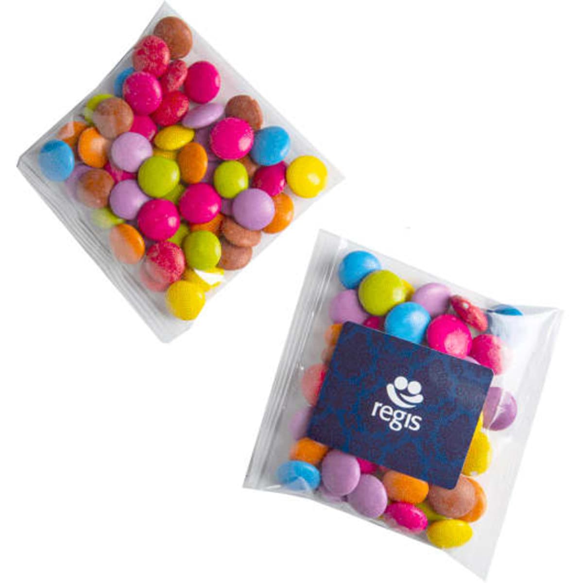 Brightly coloured candy coated chocolates in plastic packaging, featuring a logo on one side.