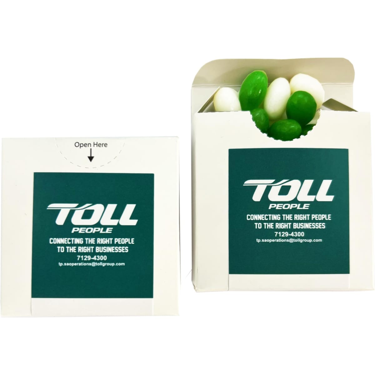 A flip lid cardboard box containing green and white jelly beans, featuring a logo on the front.
