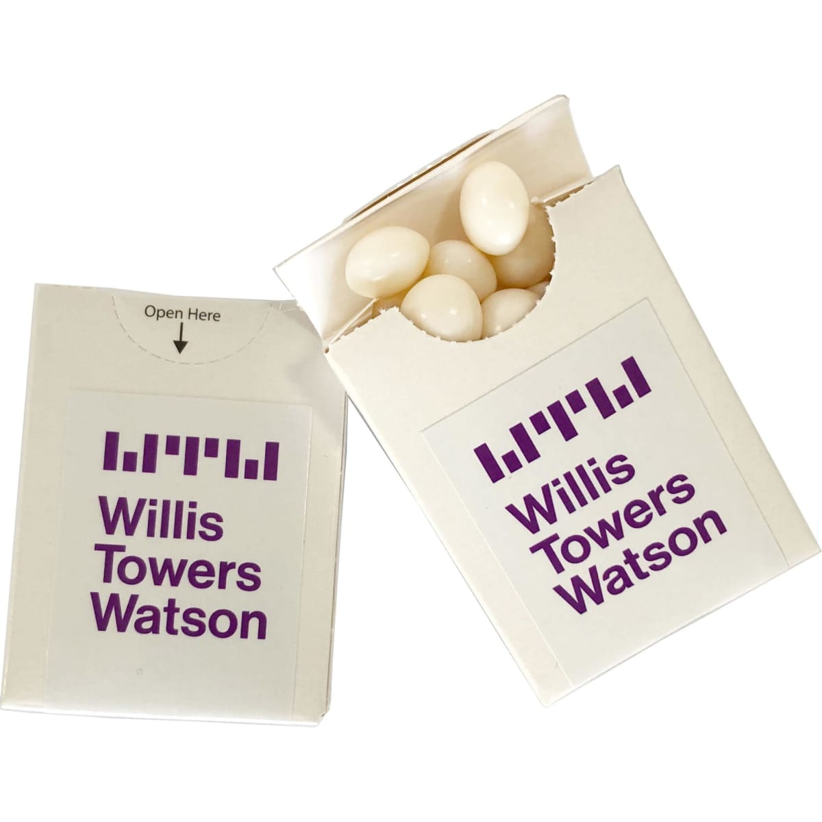 A white cardboard box with a flip lid, containing chewy white mints. The box features a logo.