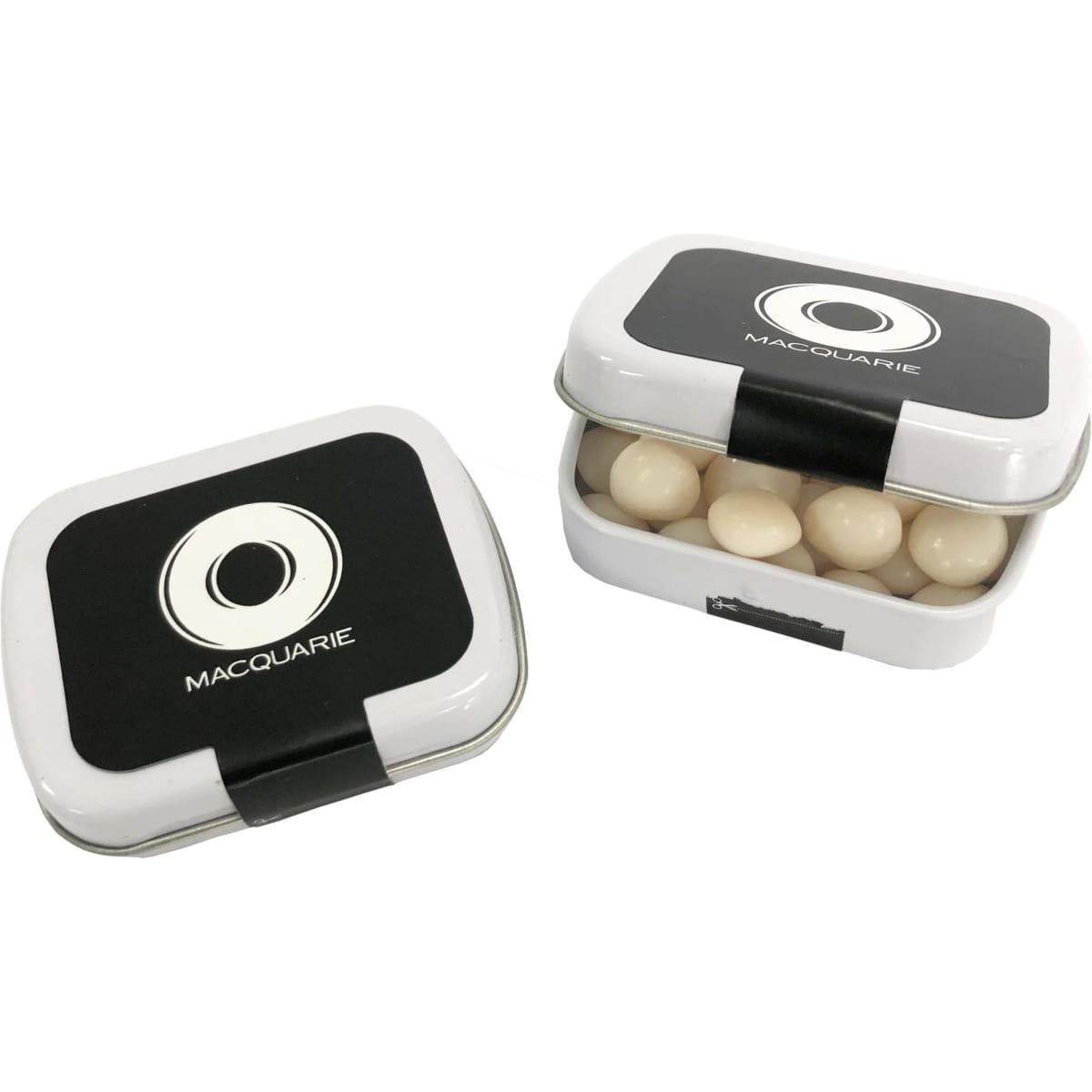 A small rectangular tin with a black lid, filled with white mints. The tin features a branding logo on top.