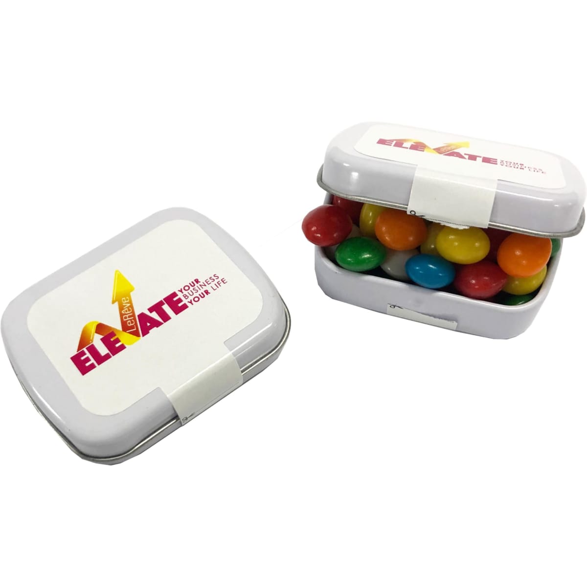 A small rectangle tin filled with colourful chewy fruit sweets, featuring a hinged lid and a logo on top.