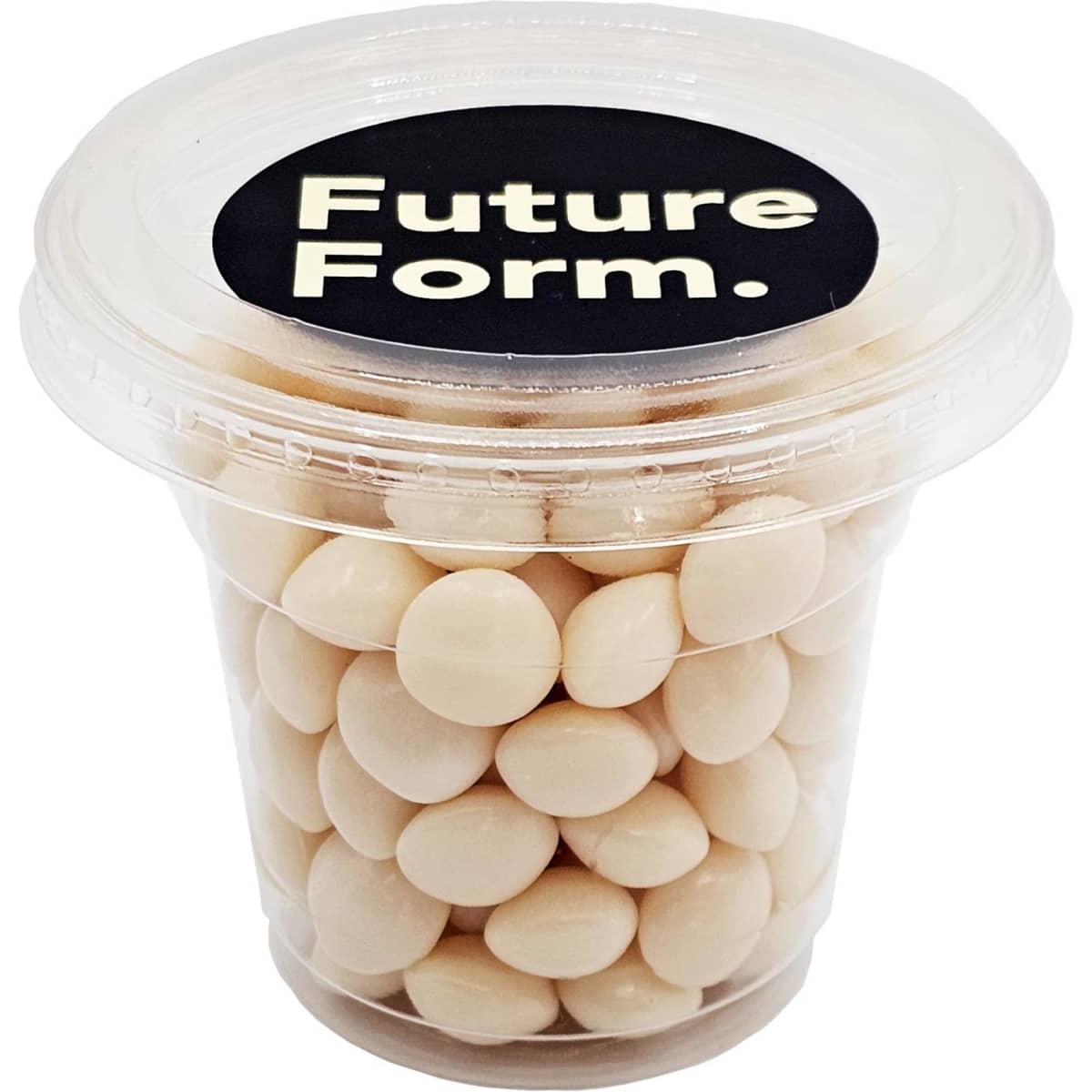 A clear tub filled with white chewy mints, featuring a black lid with a logo.