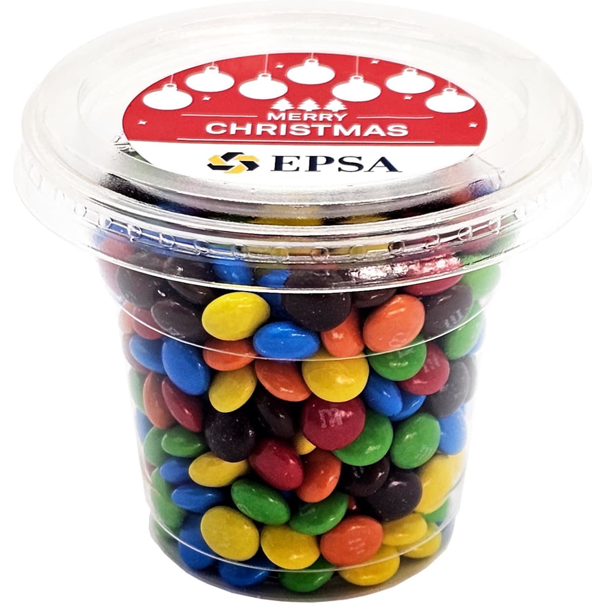 A clear tub filled with colourful Mini M&Ms, featuring blue, green, yellow, red, and brown candies.