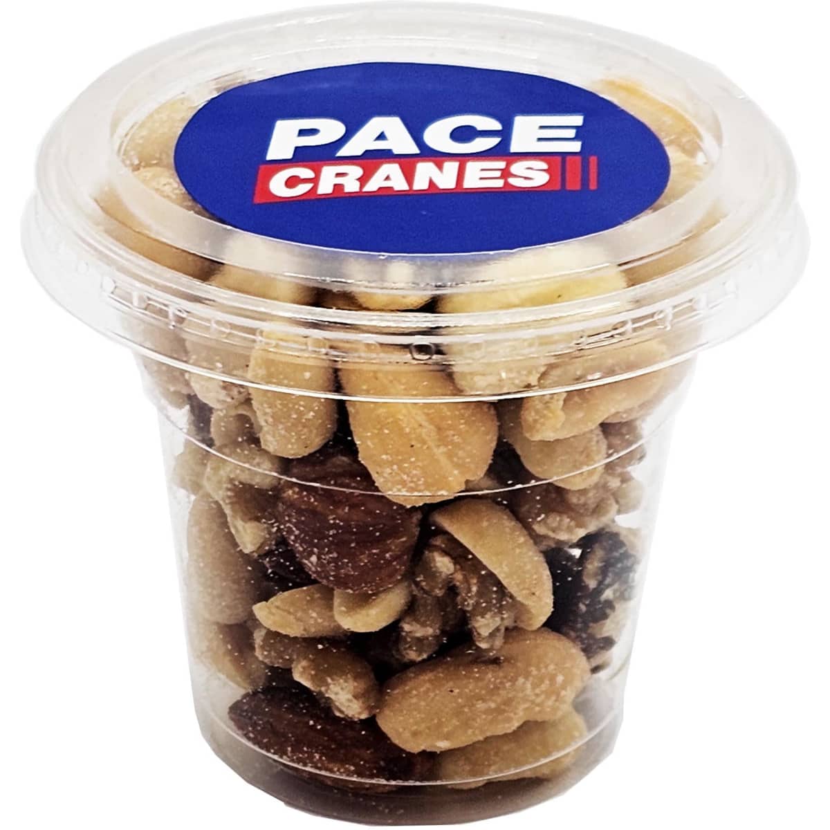 A tub filled with mixed nuts including almonds, peanuts, and walnuts, in a clear plastic container.