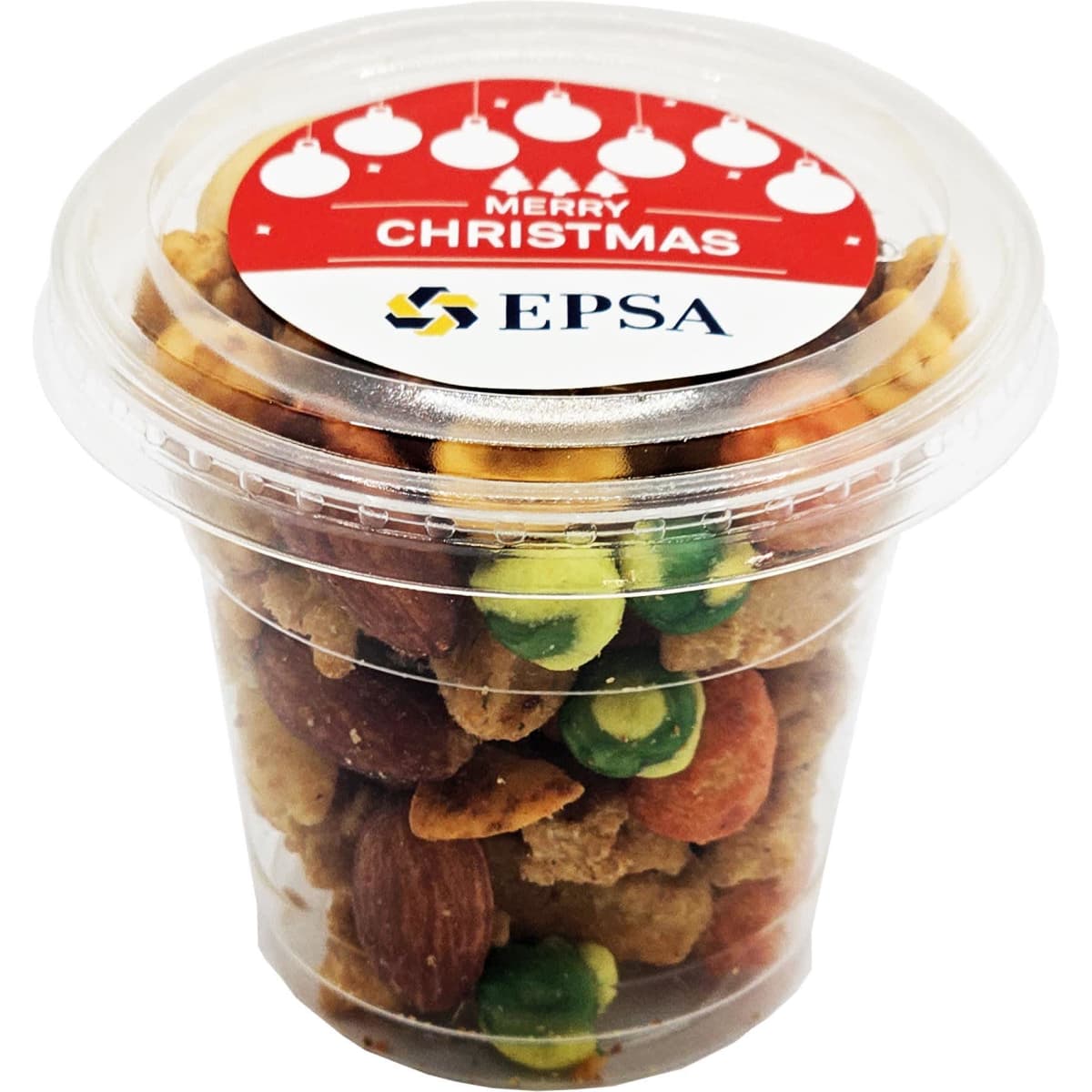 A clear tub filled with a mix of colourful nuts and savoury snacks, featuring a festive lid with a logo.