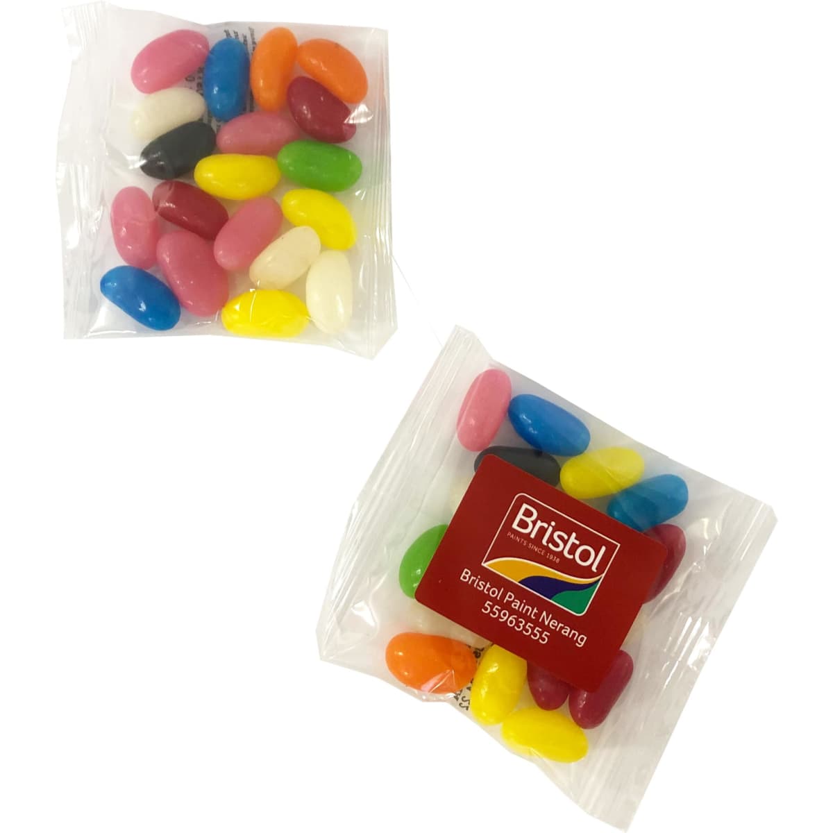 A packaging of assorted jelly beans in various colours, featuring a logo on one of the bags.