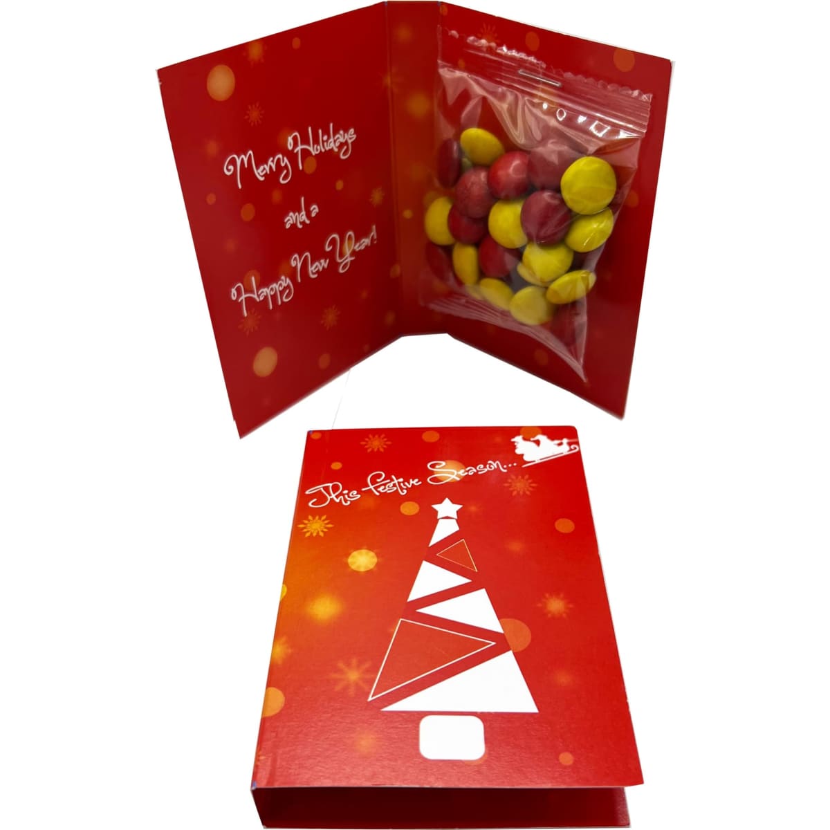 A red promotional gift card featuring a festive message and a bag of colourful choc beans in yellow and red.