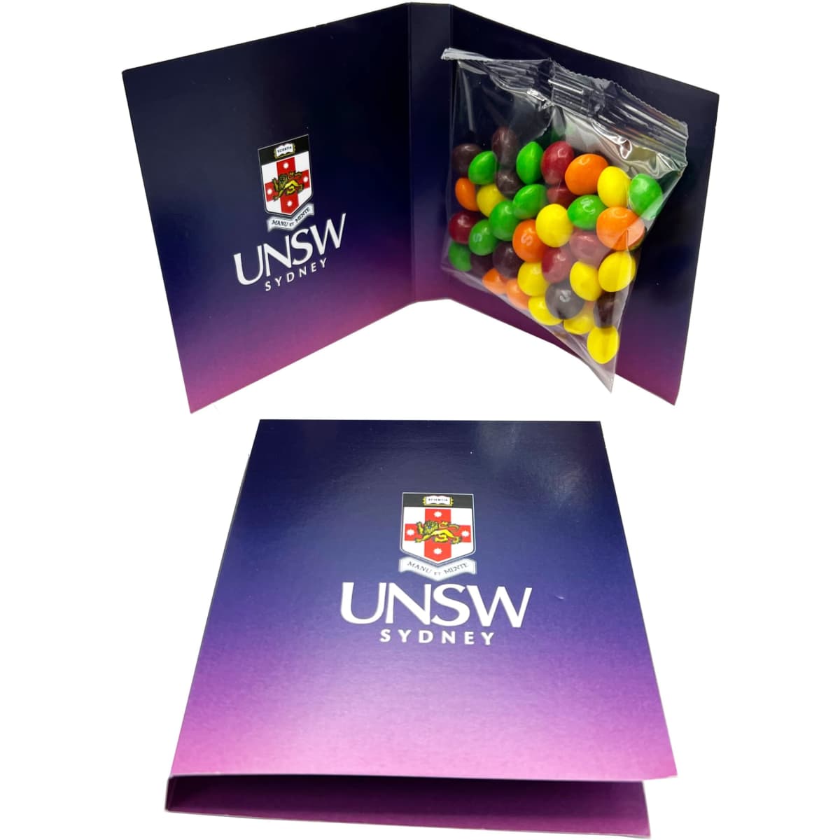 A gift card featuring a 50g bag of mixed Skittles in various colours, packaged in a decorative purple card with a logo.
