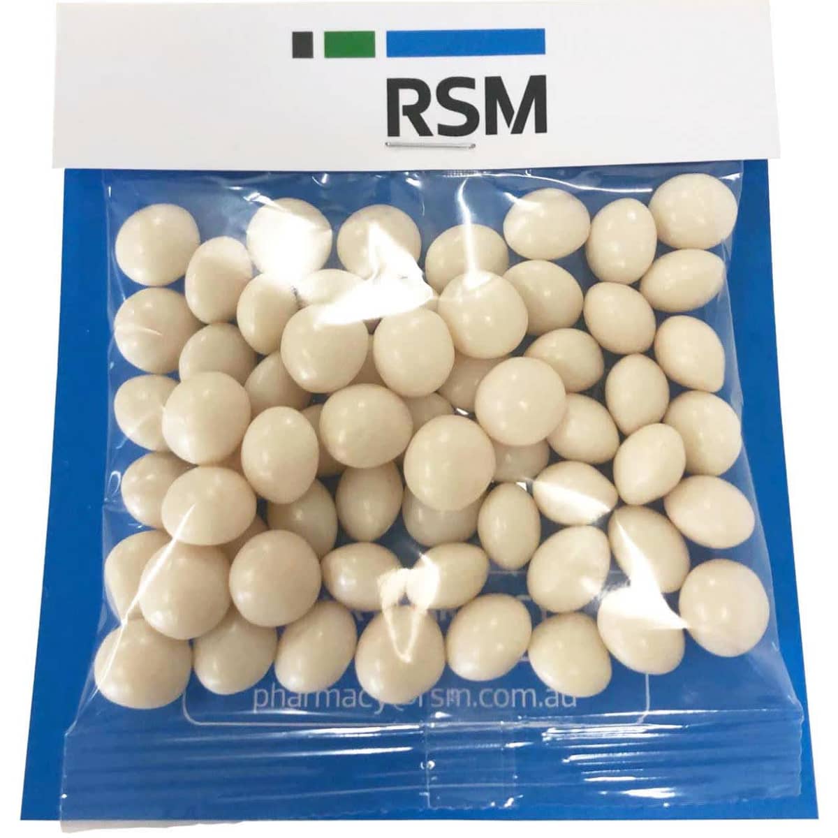 A blue bag containing numerous white mint candies, along with a logo on the top.