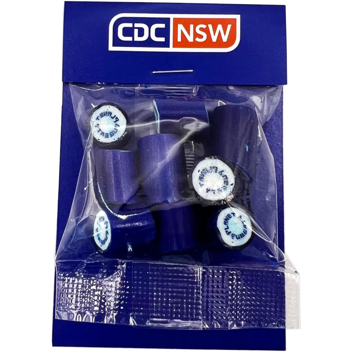 A pack of blue rock candy pieces in a clear bag, featuring a logo on the packaging.