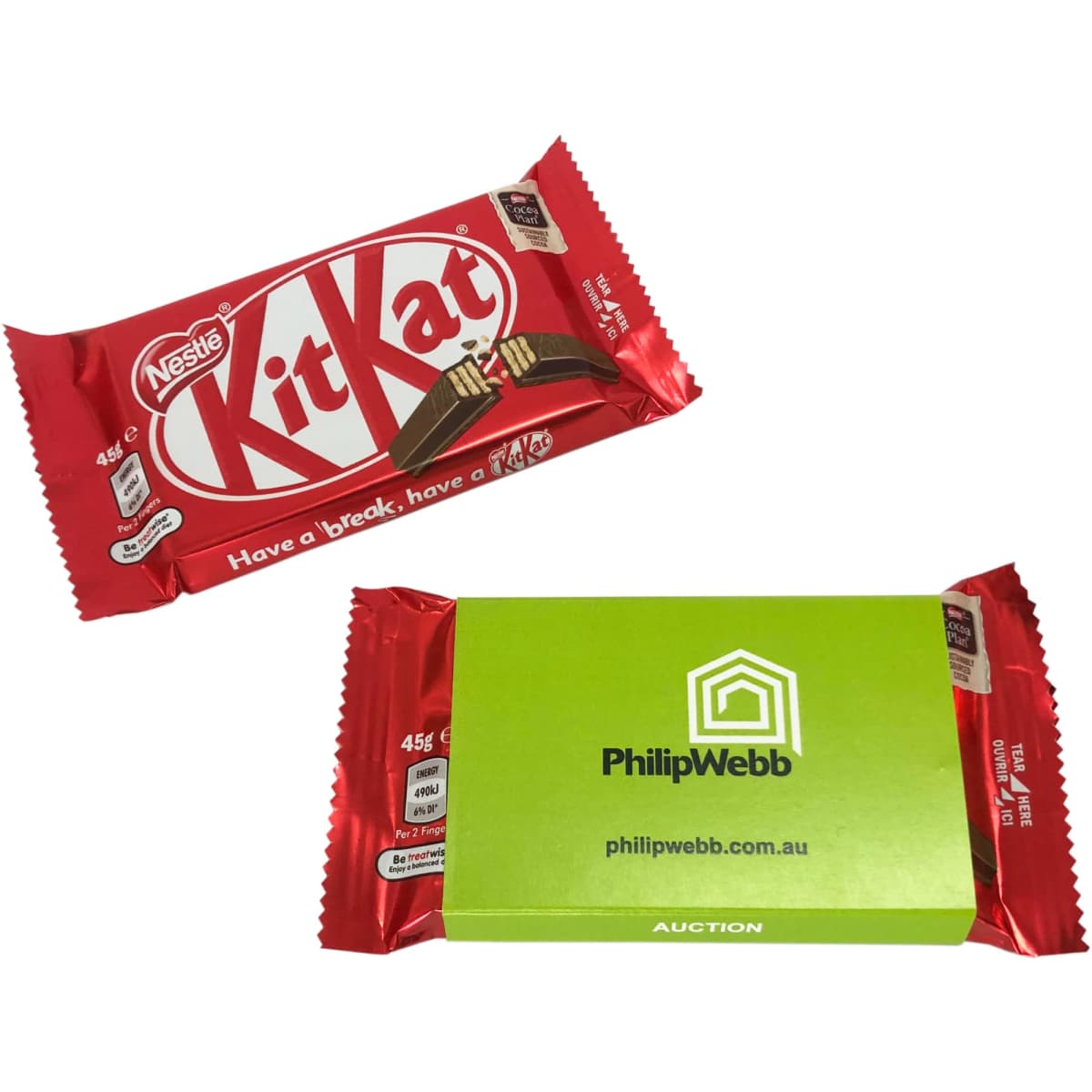 A red KitKat chocolate bar with a green sleeve packaging, featuring branding and product details.