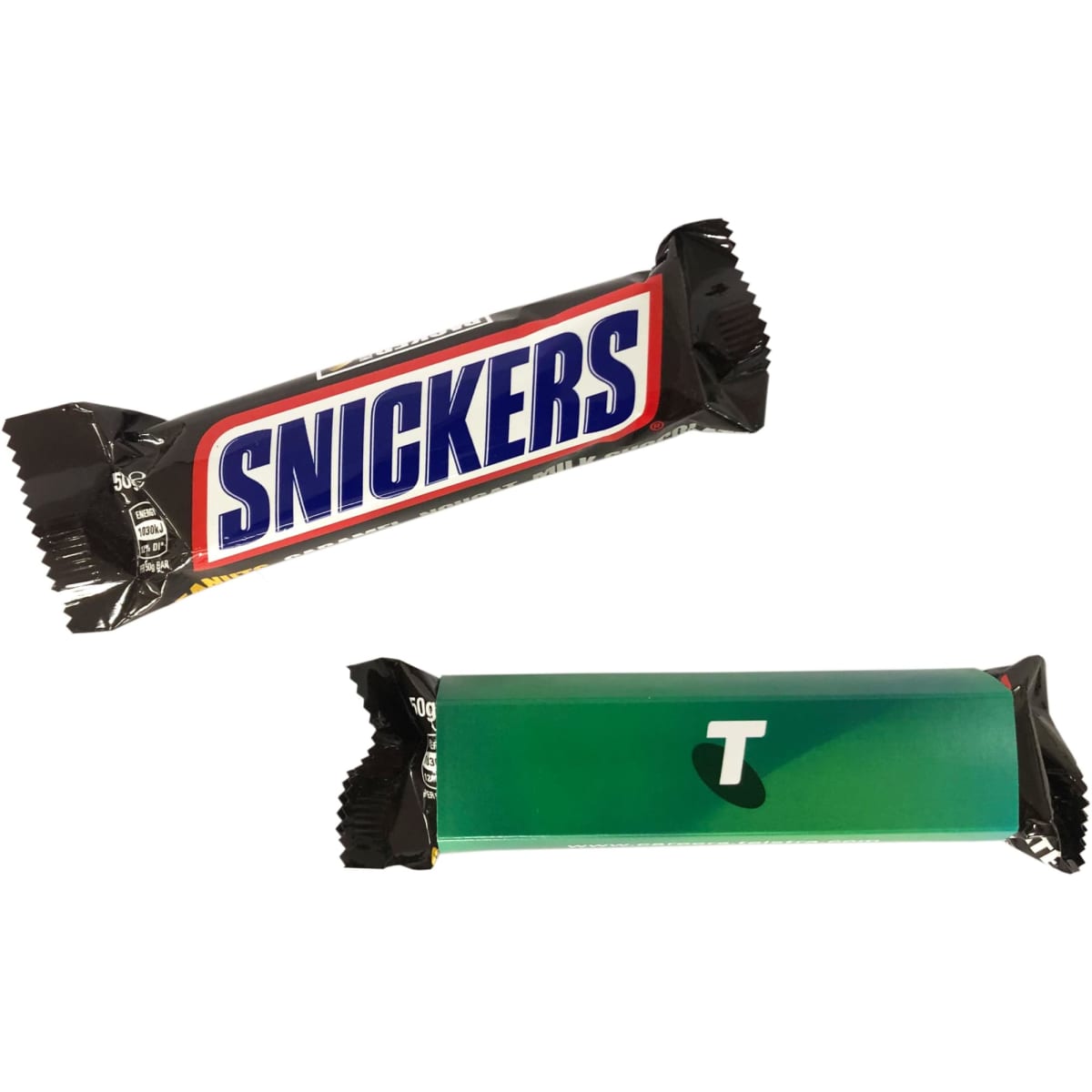 A Snickers chocolate bar wrapped in a black and blue wrapper, featuring a logo and an additional green sleeve.