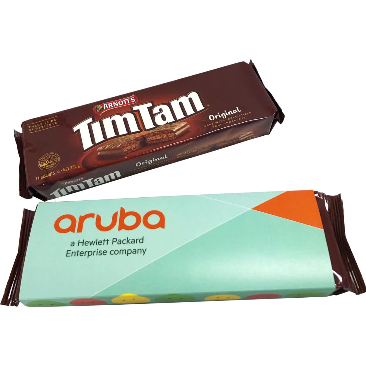 A brown 200g box of Tim Tam biscuits with sleeve, featuring a logo, and a colourful Aruba bar underneath.