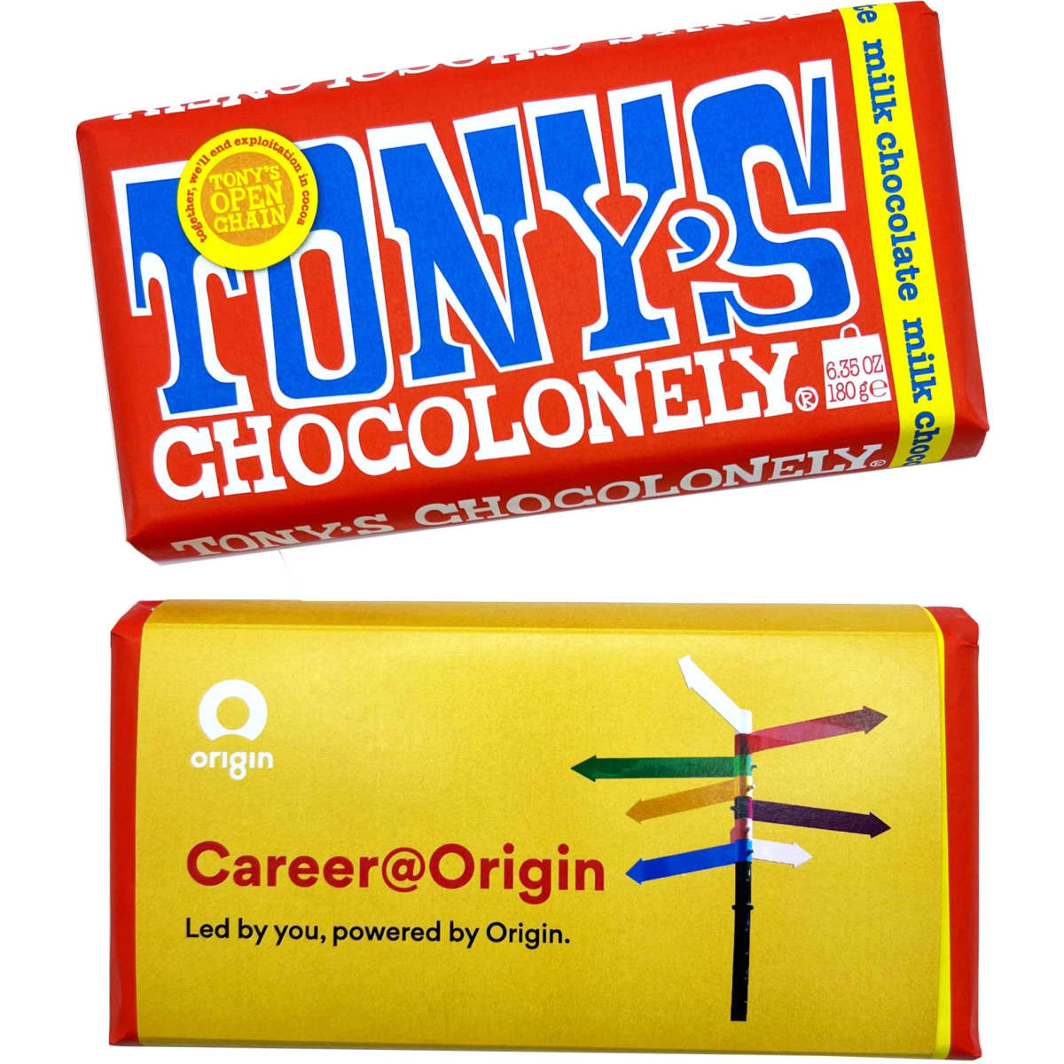 A rectangular chocolate bar with a red and yellow sleeve, featuring milk chocolate and a logo.