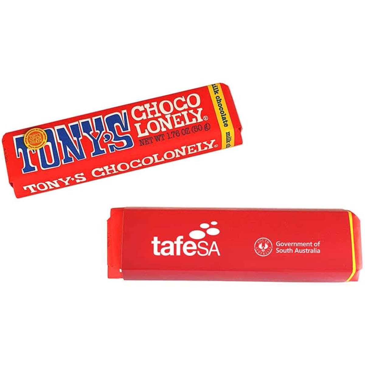 A red chocolate bar sleeve featuring branding, containing Tony's Chocolonely 50g chocolate.