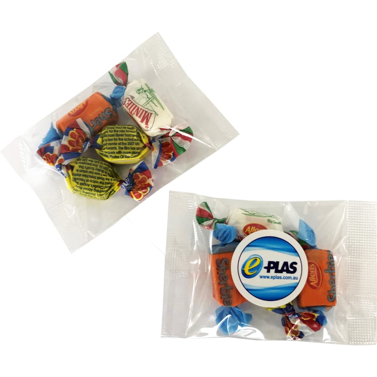Mixed lollies in a clear packaging, featuring colourful sweets in various shapes and wrappers. Includes a logo.
