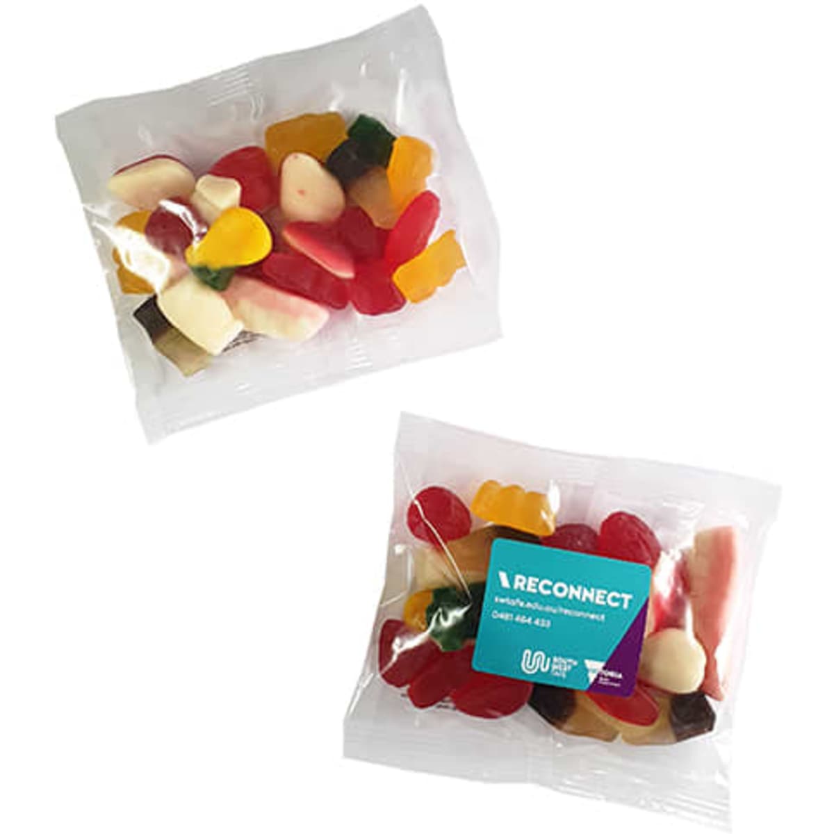 A clear bag of mixed lollies featuring various shapes and vibrant colours, including reds, yellows, and whites.