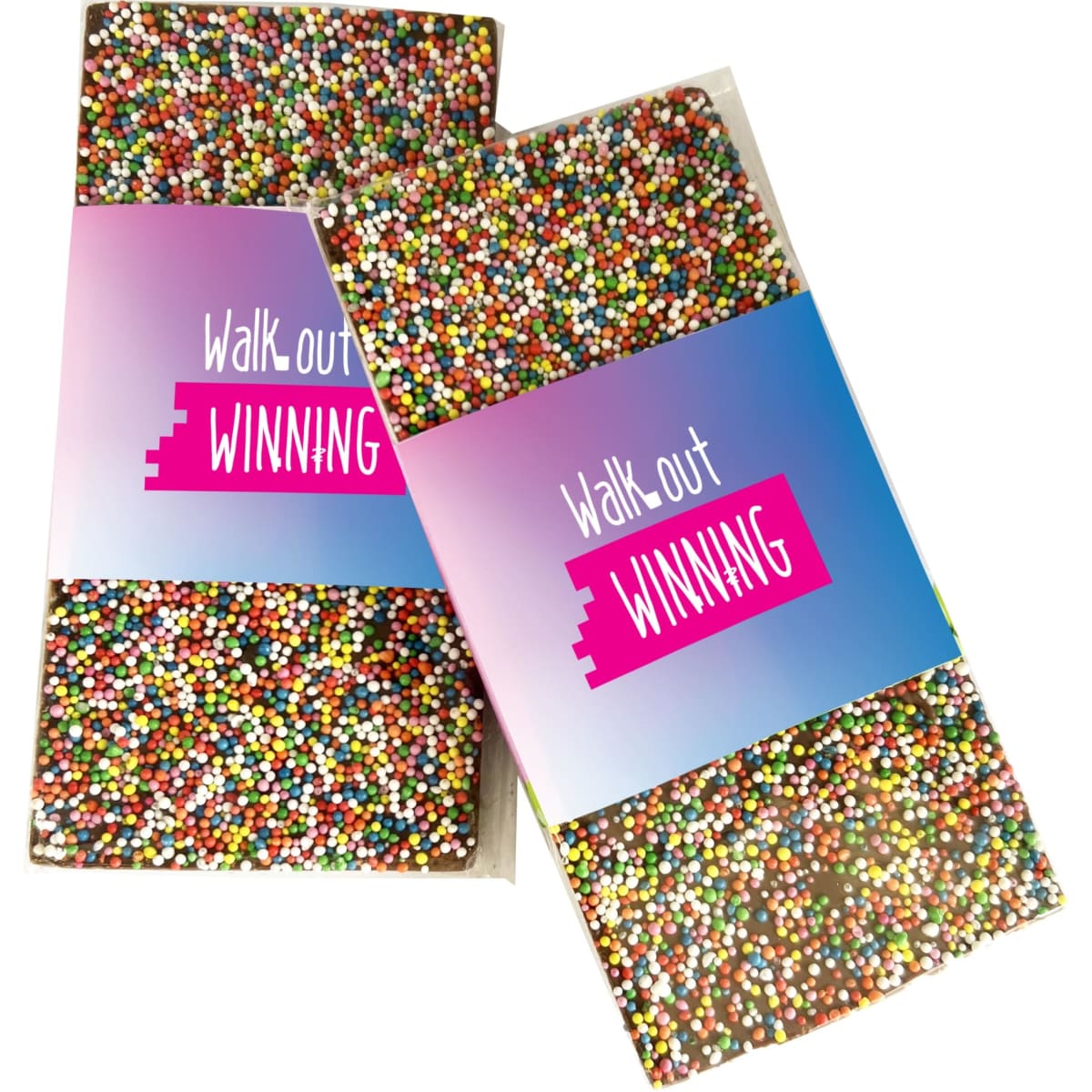 A pack of premium chocolate sprinkled with colourful 100s and 1000s, featuring a branded label.