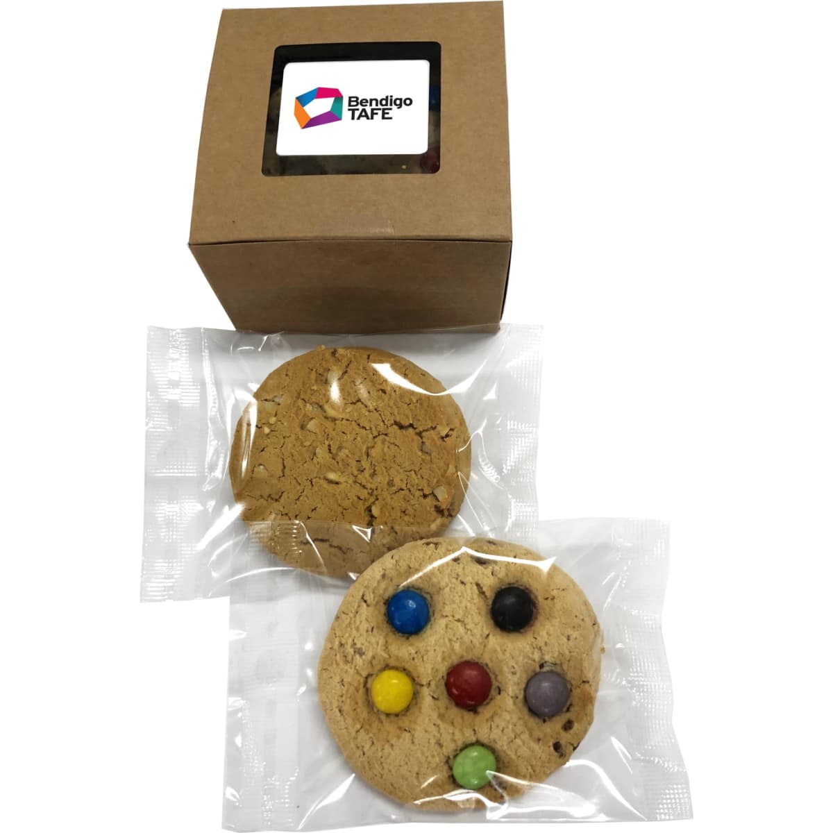 A window box containing two cookie varieties, one plain and one with colourful chocolate buttons, both individually wrapped.
