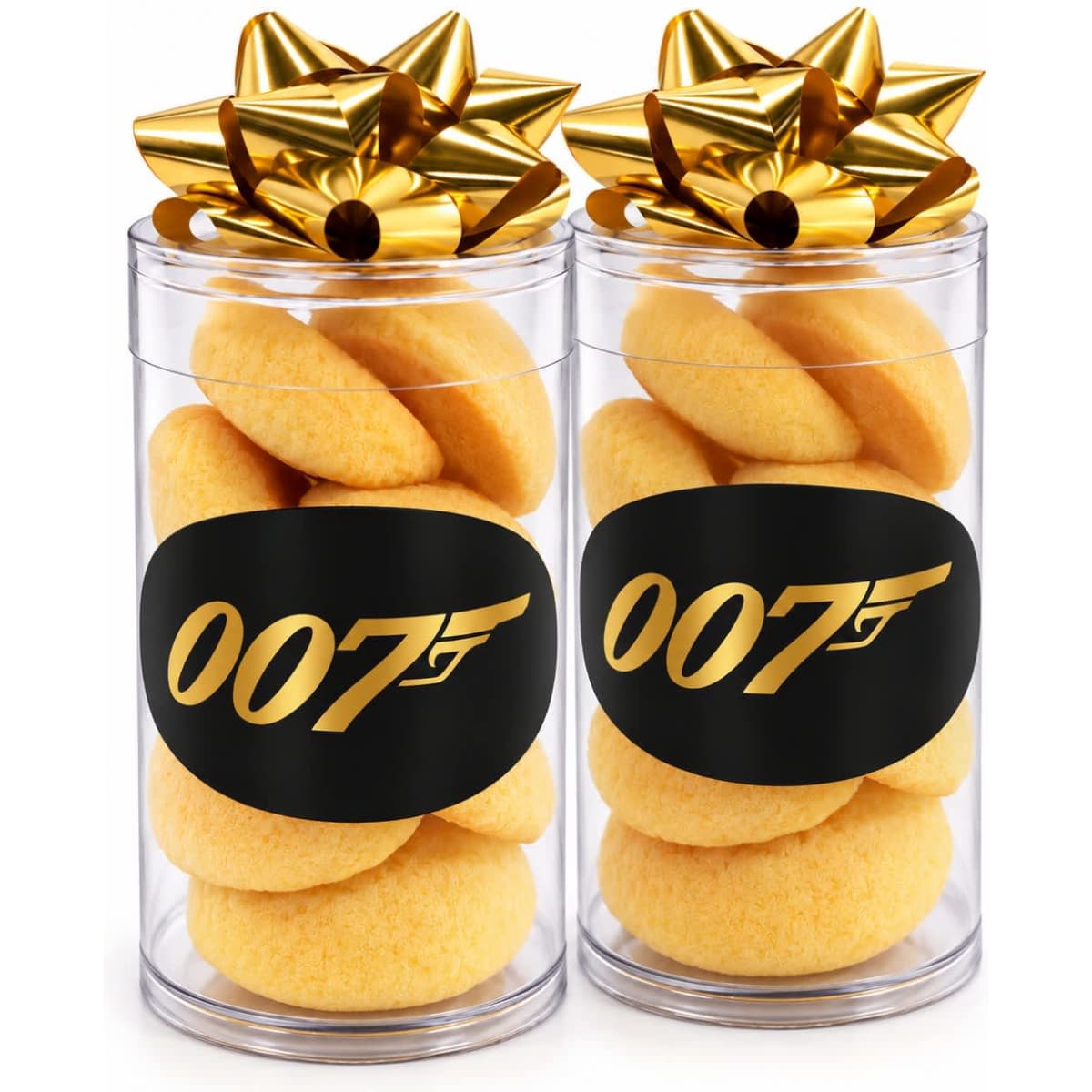A clear tube containing traditional shortbread biscuits, topped with a gold bow and featuring a black label with a logo.