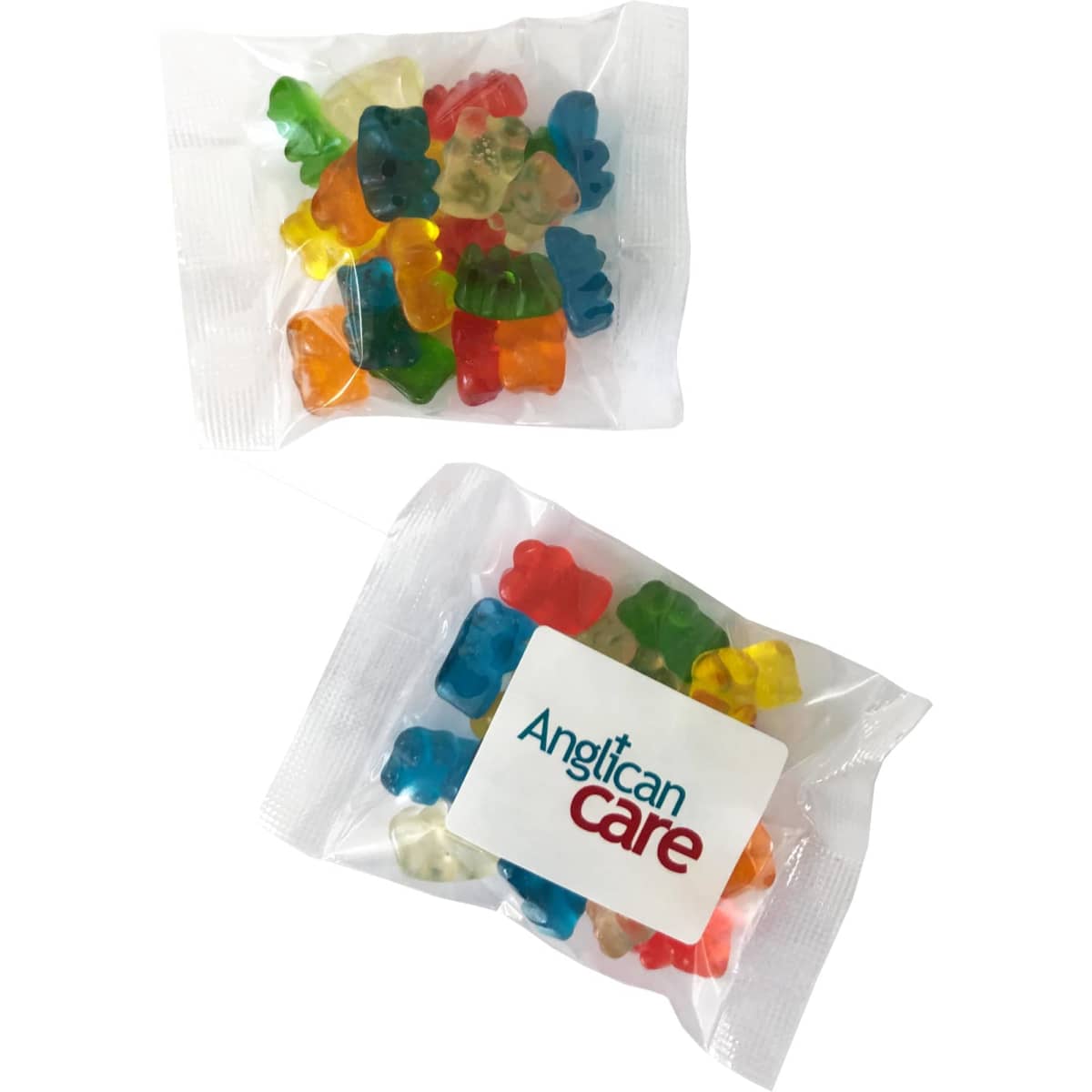A pack of colourful gummi bears in various shapes, contained in a clear plastic wrapper with a logo.