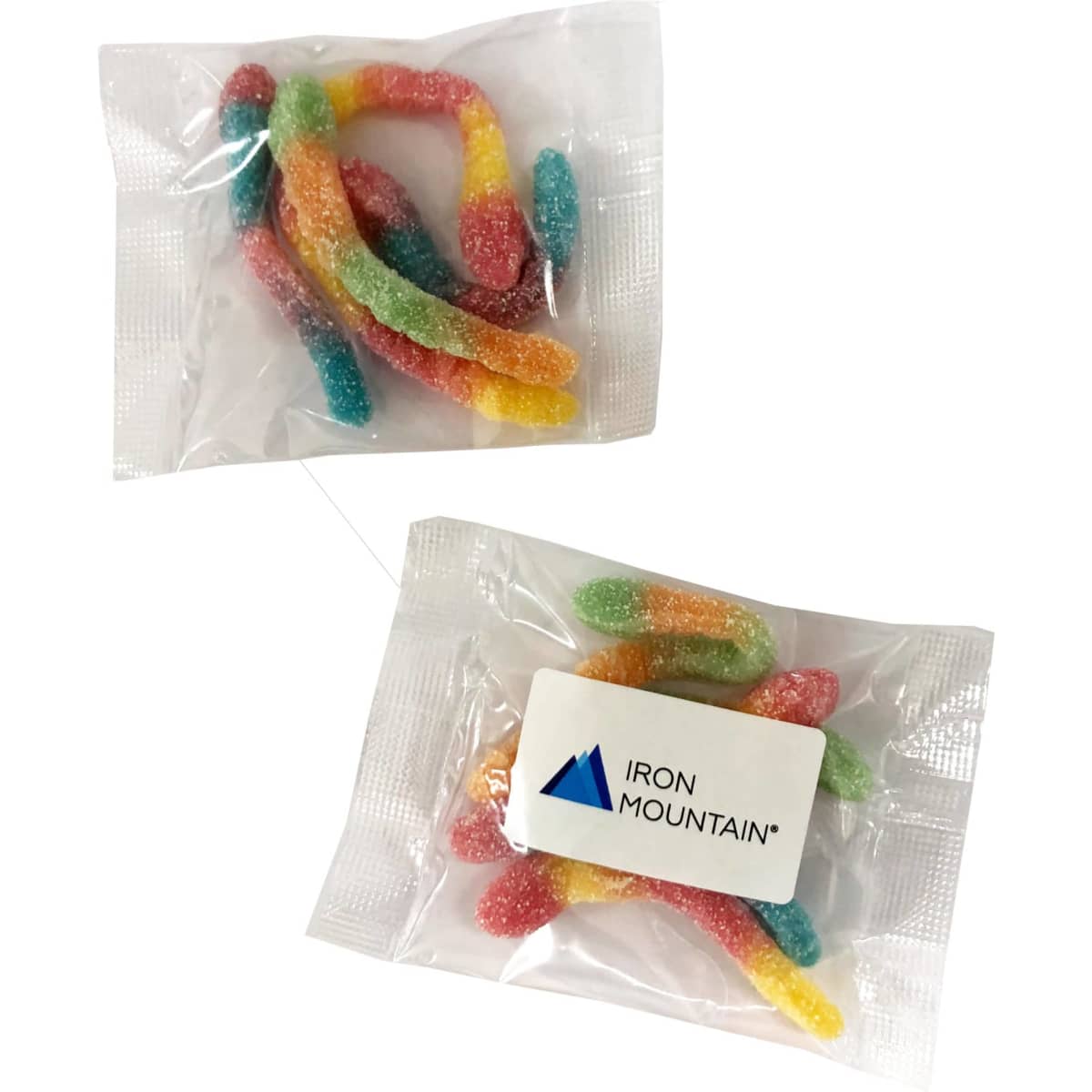 A clear packet containing assorted sour gummy worms in vibrant colours: red, yellow, green, and blue.