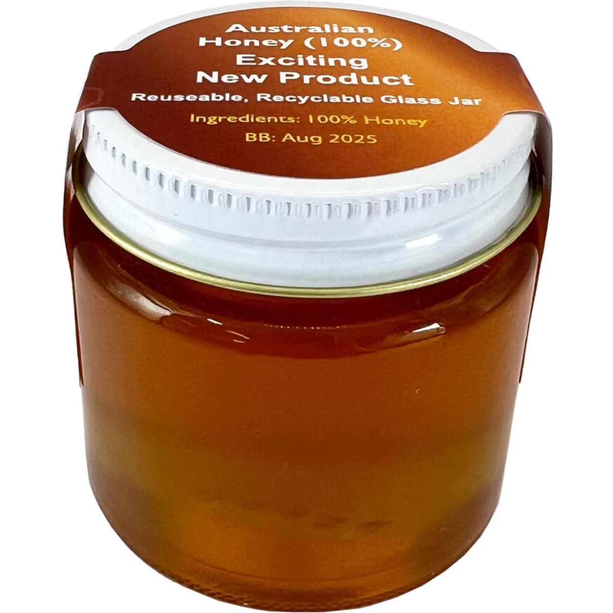A glass jar filled with amber honey, featuring a lid and a logo. The jar is reusable and recyclable.