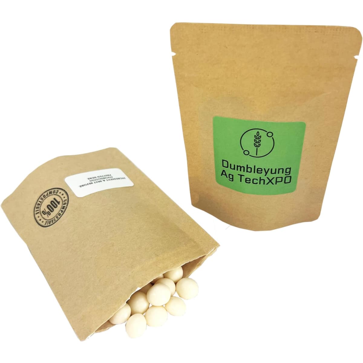 A compostable bag containing chewy mints, featuring a natural brown colour and a green logo.