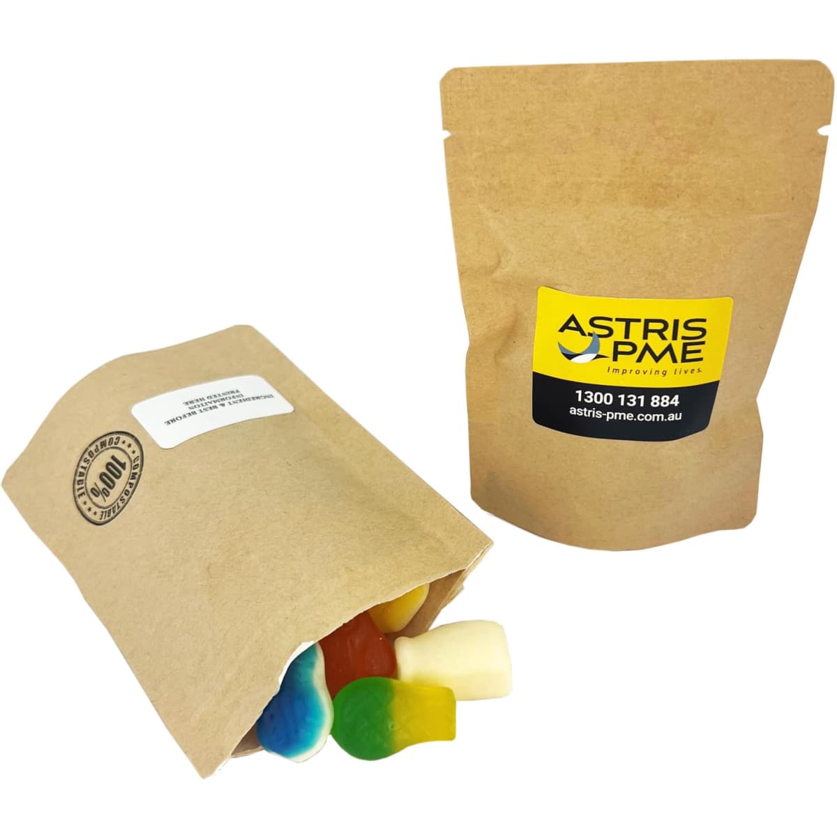 A compostable bag containing mixed lollies in various colours, with a simple brown paper exterior and a logo.