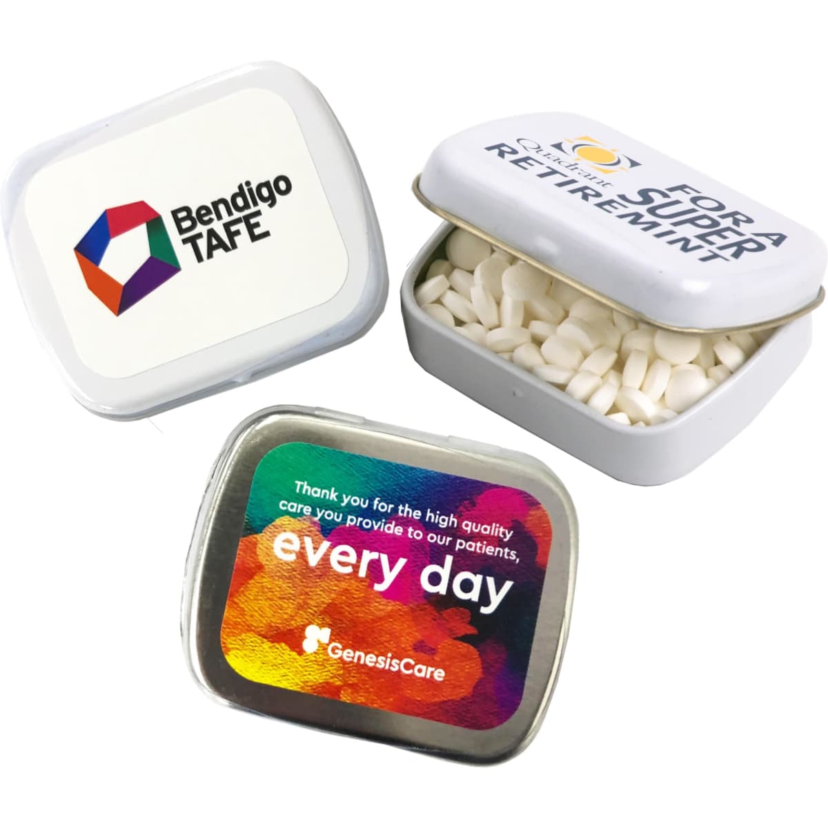 A small rectangular tin in white with mints inside, featuring branding on the lid.