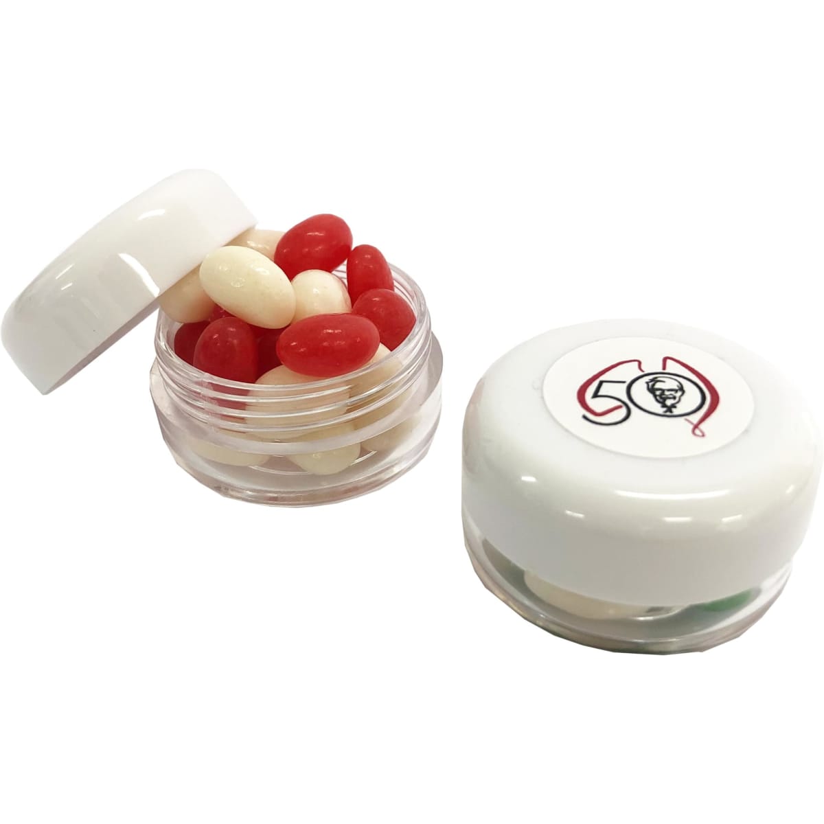 A small clear screw cap jar filled with red and white jelly beans, featuring a white lid and a logo on top.