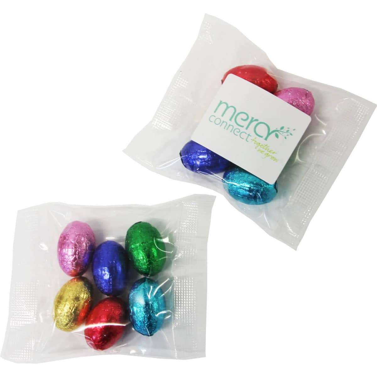A bag containing six mini solid Easter eggs in various colours: pink, blue, green, red, and gold.