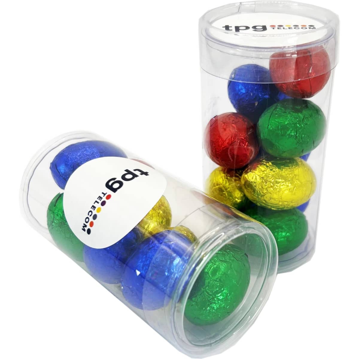 A clear tube filled with colourful foil-wrapped chocolate eggs in blue, green, red, and gold. It features a logo.