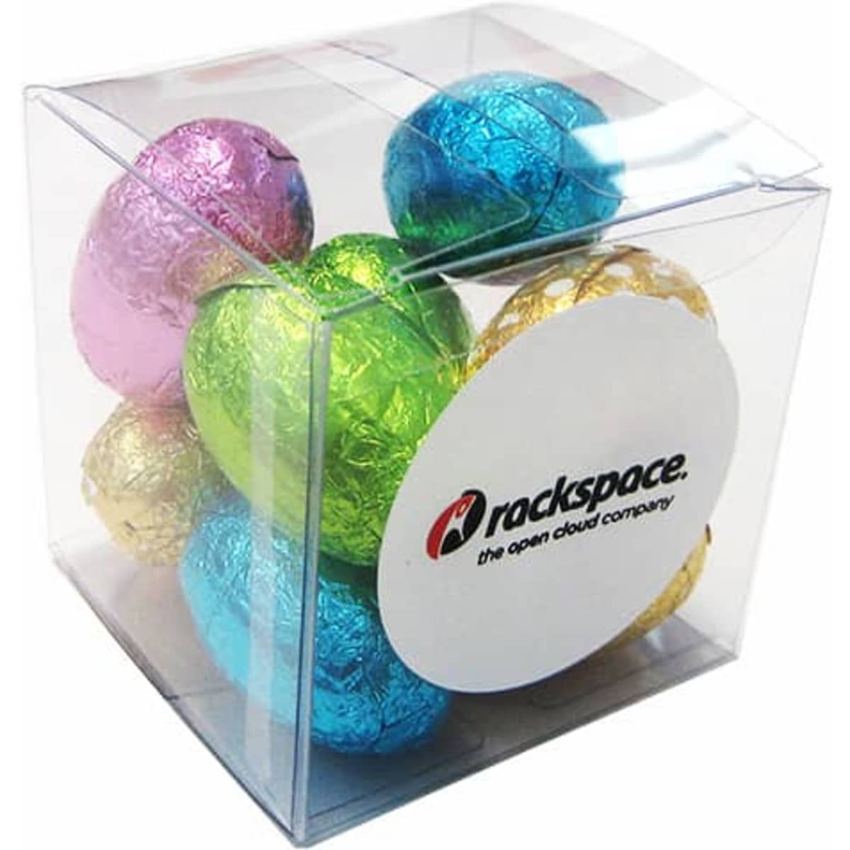 A clear cube containing mini Easter eggs in blue, pink, green, gold, and silver foil, with a logo on one side.
