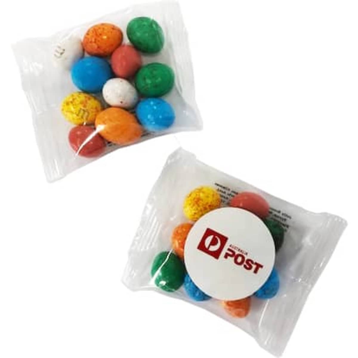 A transparent bag containing colourful chocolate-coated eggs in various shades, featuring a logo on the packaging.