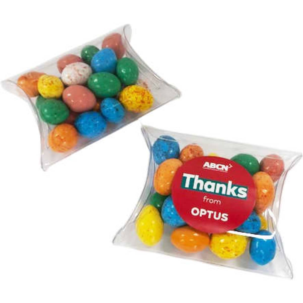 Pillow pack containing colourful chocolate eggs in various shades, including blue, green, orange, and yellow.