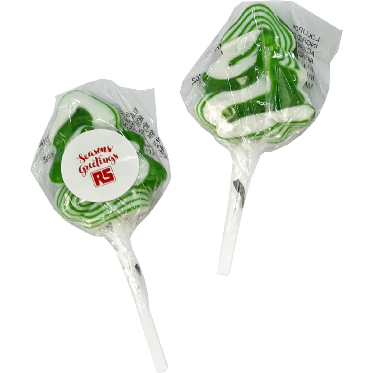 A green and white striped lollipop shaped like a Christmas tree, wrapped in clear plastic with a branding label.