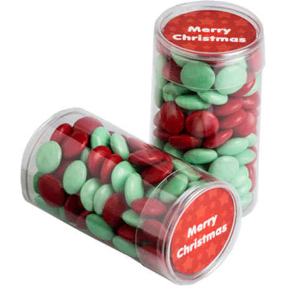 A set of clear tubes filled with red and green choc beans, labelled for Christmas. Each tube contains 100g of confectionery.