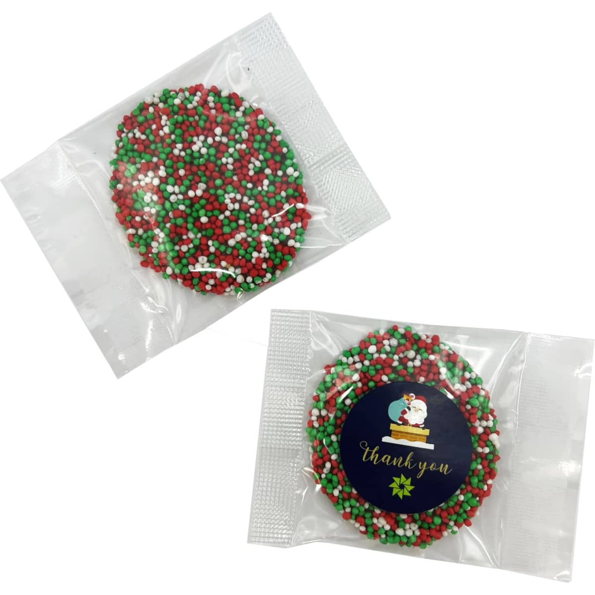 A cellophane bag containing chocolate freckle treats, decorated in red, green, and white sprinkles. Features a logo.