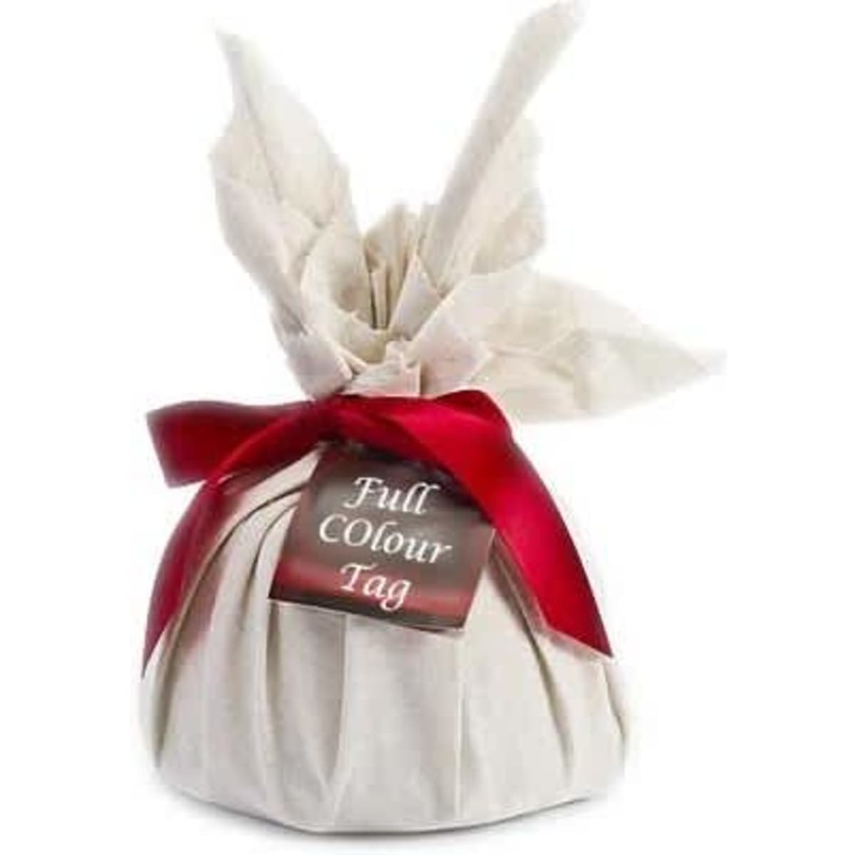 A wrapped Christmas pudding in cream fabric with a red ribbon, featuring a tag.